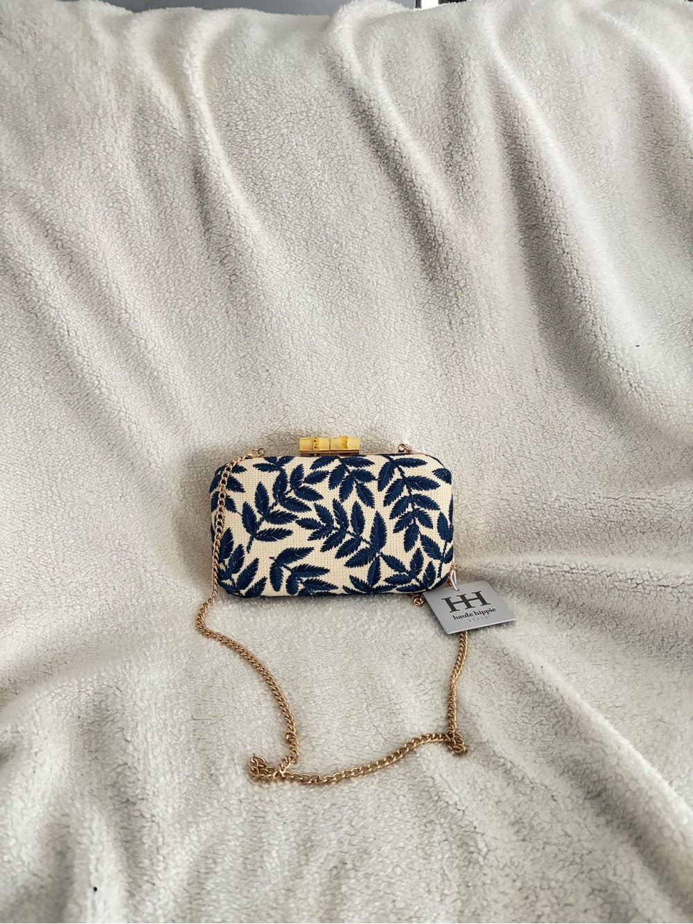 Haute Hippie Navy and Cream Leaf-Print Chain Clutch